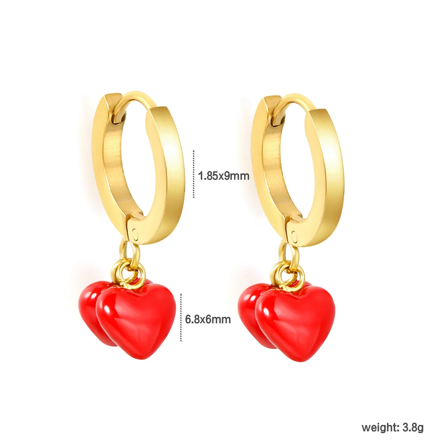 Glossy Red Enamel Double Heart Dangle Huggie Earrings | 18K Gold Plated Stainless Steel | Twin Red Love Charm Drop Hoops | Wholesale MOQ 12