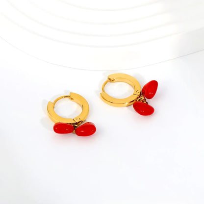 Glossy Red Enamel Double Heart Dangle Huggie Earrings | 18K Gold Plated Stainless Steel | Twin Red Love Charm Drop Hoops | Wholesale MOQ 12