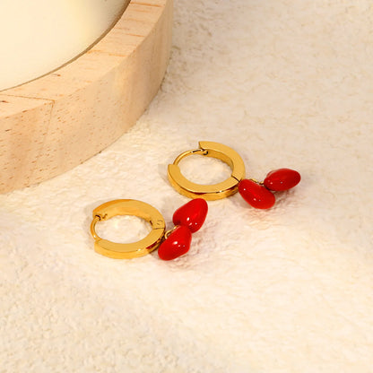 Glossy Red Enamel Double Heart Dangle Huggie Earrings | 18K Gold Plated Stainless Steel | Twin Red Love Charm Drop Hoops | Wholesale MOQ 12