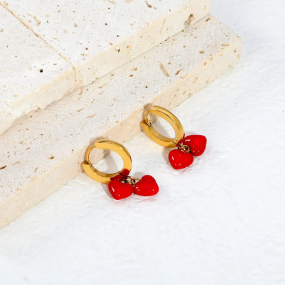 Glossy Red Enamel Double Heart Dangle Huggie Earrings | 18K Gold Plated Stainless Steel | Twin Red Love Charm Drop Hoops | Wholesale MOQ 12
