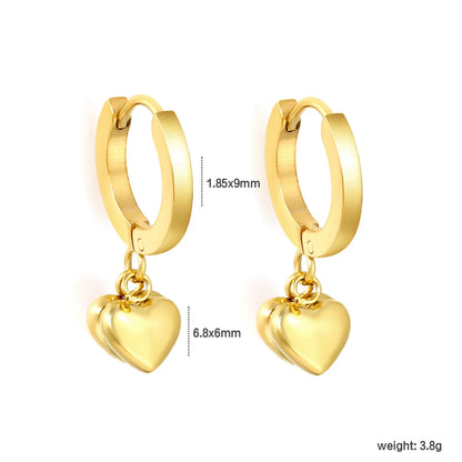 18K Gold Plated Stainless Steel Dual Puffy Heart Dangle Huggie Earrings | Double Solid Heart Drop Hoops | Wholesale MOQ 12