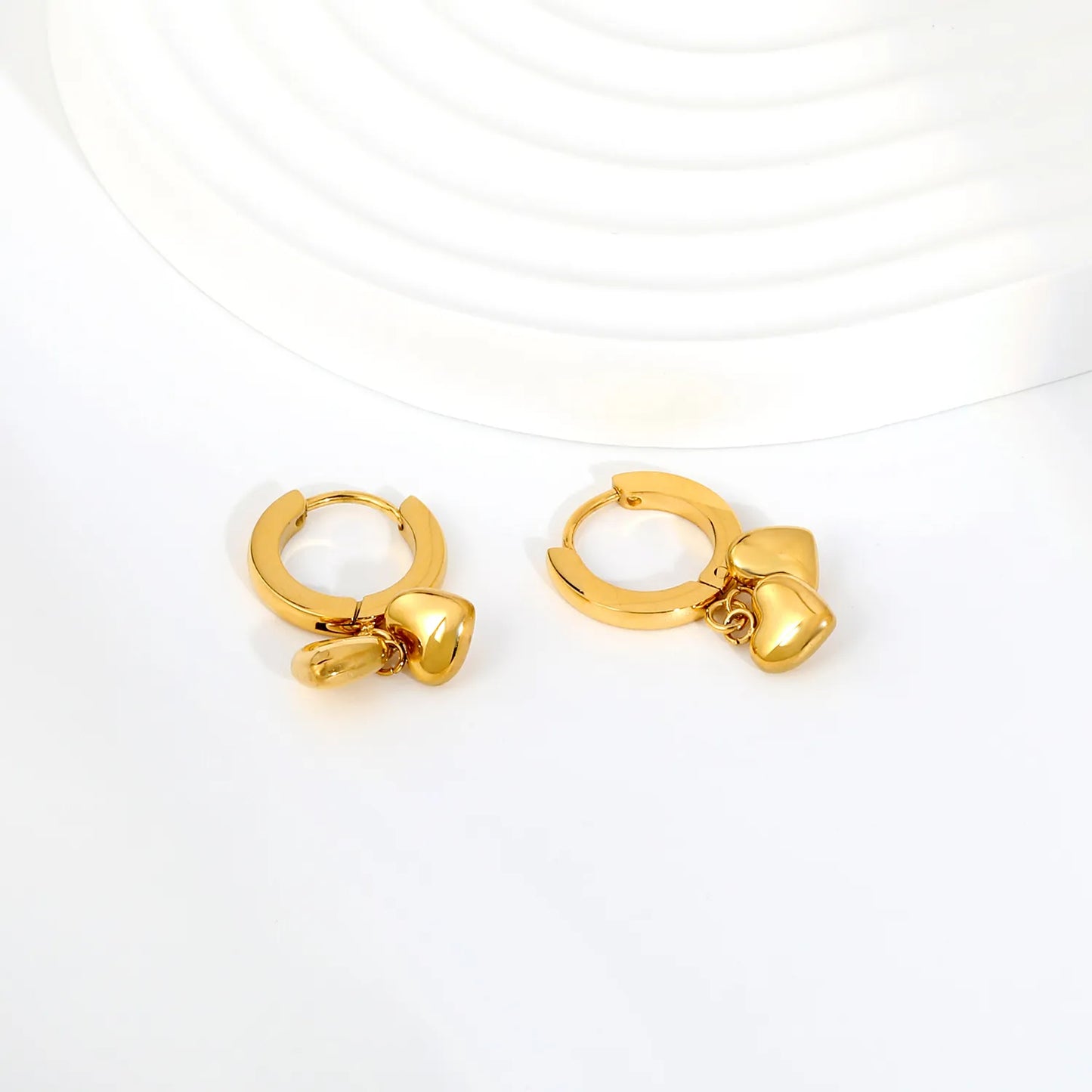18K Gold Plated Stainless Steel Dual Puffy Heart Dangle Huggie Earrings | Double Solid Heart Drop Hoops | Wholesale MOQ 12