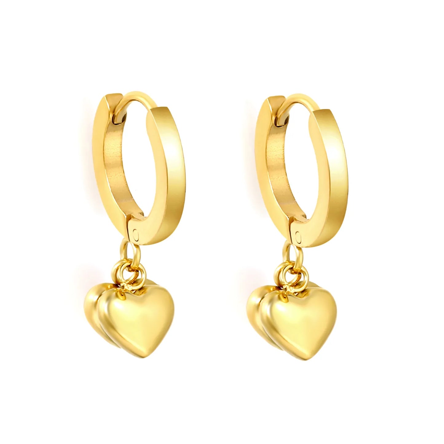 18K Gold Plated Stainless Steel Dual Puffy Heart Dangle Huggie Earrings | Double Solid Heart Drop Hoops | Wholesale MOQ 12