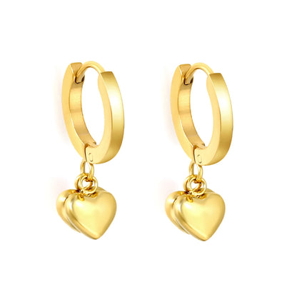 18K Gold Plated Stainless Steel Dual Puffy Heart Dangle Huggie Earrings | Double Solid Heart Drop Hoops | Wholesale MOQ 12