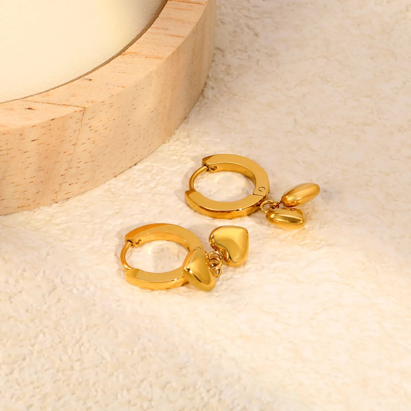 18K Gold Plated Stainless Steel Dual Puffy Heart Dangle Huggie Earrings | Double Solid Heart Drop Hoops | Wholesale MOQ 12