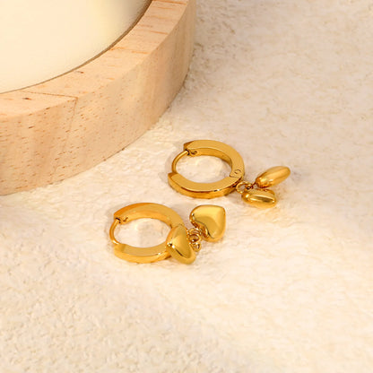 18K Gold Plated Stainless Steel Dual Puffy Heart Dangle Huggie Earrings | Double Solid Heart Drop Hoops | Wholesale MOQ 12