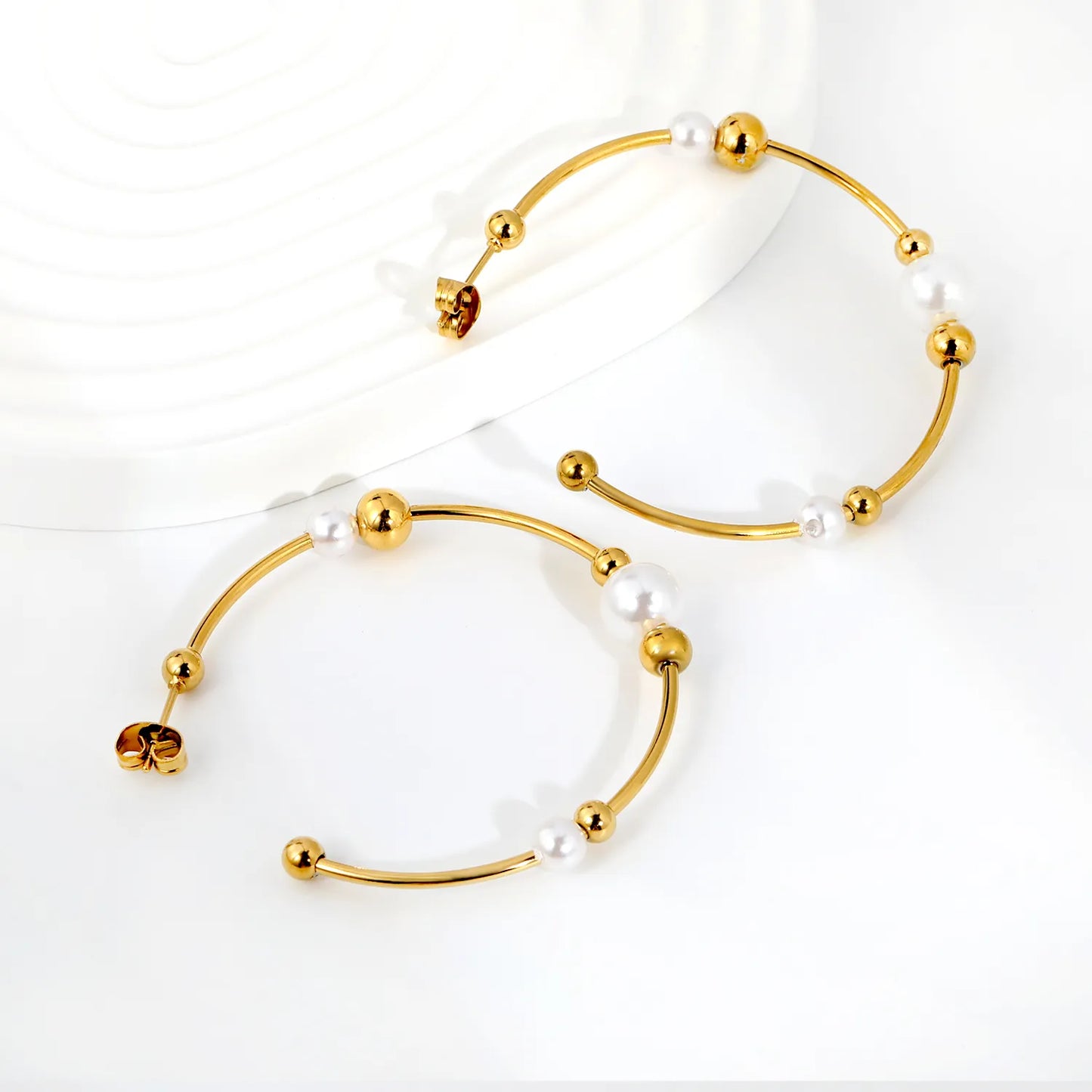 Multi-Size Pearl & Bead Open Hoop Earrings 1.5×47.5mm | 18K Gold Plated Stainless Steel | Hypoallergenic Dainty Hoops | Wholesale MOQ 12