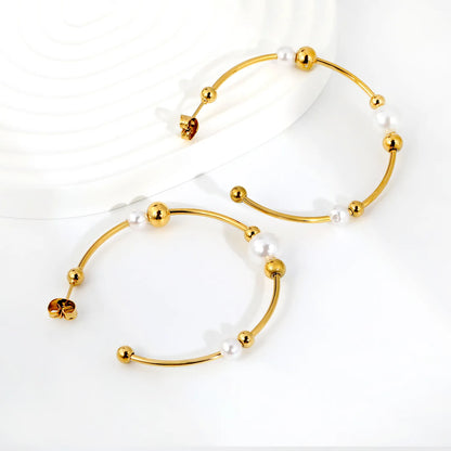 Multi-Size Pearl & Bead Open Hoop Earrings 1.5×47.5mm | 18K Gold Plated Stainless Steel | Hypoallergenic Dainty Hoops | Wholesale MOQ 12