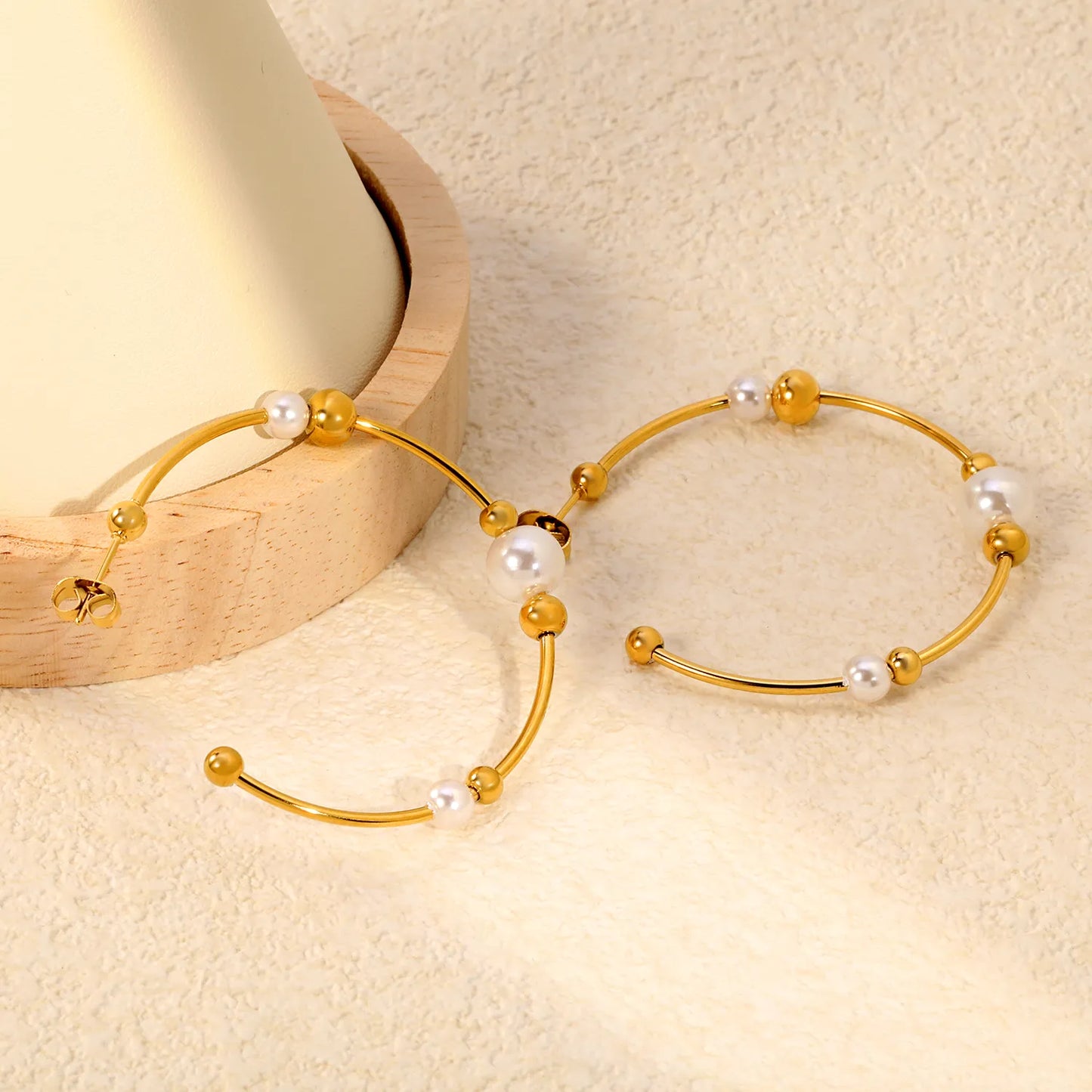 Multi-Size Pearl & Bead Open Hoop Earrings 1.5×47.5mm | 18K Gold Plated Stainless Steel | Hypoallergenic Dainty Hoops | Wholesale MOQ 12