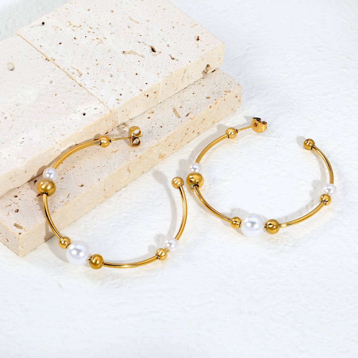 Multi-Size Pearl & Bead Open Hoop Earrings 1.5×47.5mm | 18K Gold Plated Stainless Steel | Hypoallergenic Dainty Hoops | Wholesale MOQ 12
