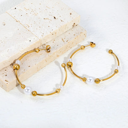 Multi-Size Pearl & Bead Open Hoop Earrings 1.5×47.5mm | 18K Gold Plated Stainless Steel | Hypoallergenic Dainty Hoops | Wholesale MOQ 12