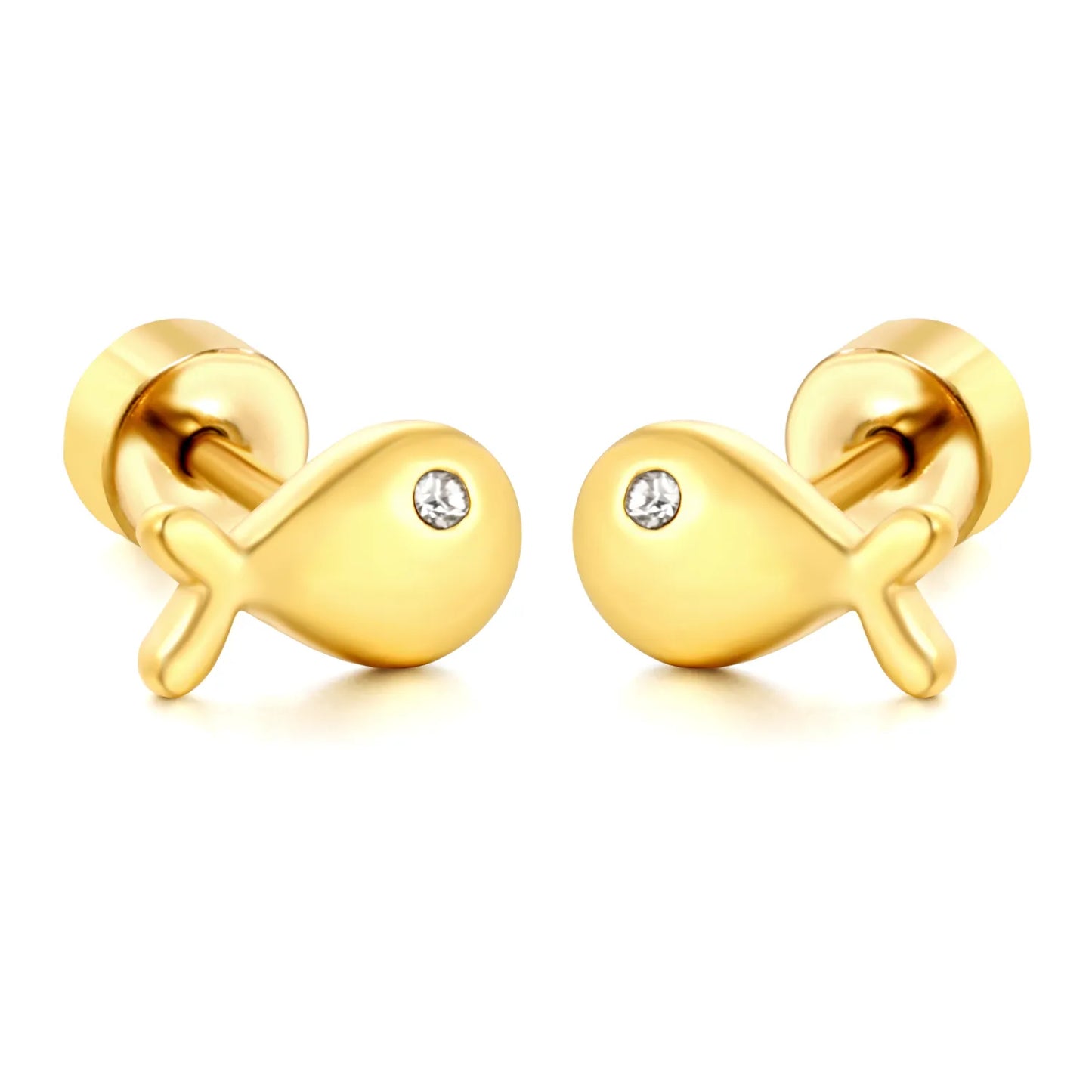 Mini CZ Eye Whale Twist Back Stud Earrings | 18K Gold Stainless Steel Screw-Back Ear Studs | Wholesale Pack 12PCS Per Set | MOQ 12