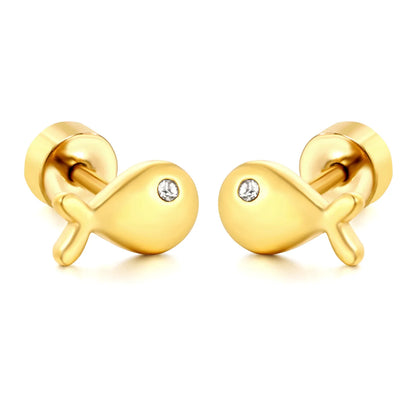 Mini CZ Eye Whale Twist Back Stud Earrings | 18K Gold Stainless Steel Screw-Back Ear Studs | Wholesale Pack 12PCS Per Set | MOQ 12