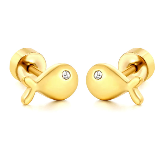 Mini CZ Eye Whale Twist Back Stud Earrings | 18K Gold Stainless Steel Screw-Back Ear Studs | Wholesale Pack 12PCS Per Set | MOQ 12
