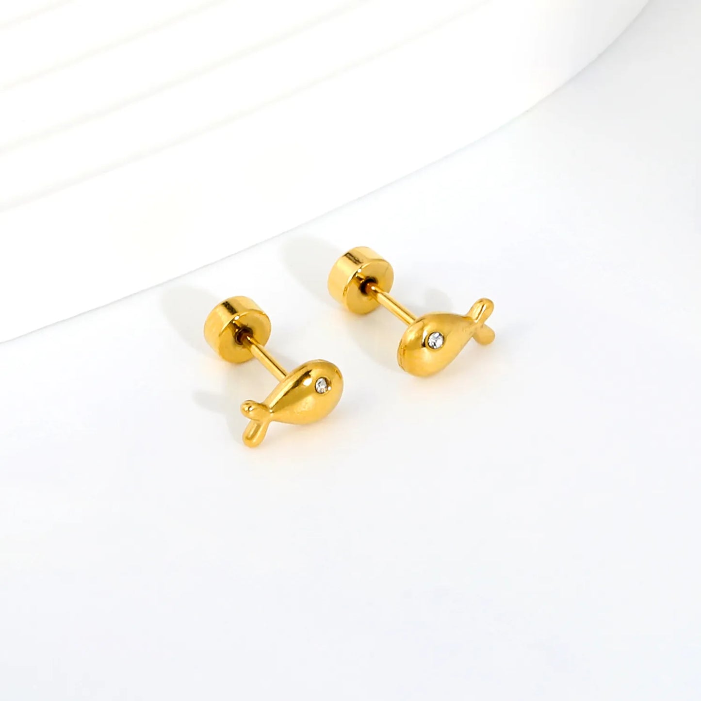 Mini CZ Eye Whale Twist Back Stud Earrings | 18K Gold Stainless Steel Screw-Back Ear Studs | Wholesale Pack 12PCS Per Set | MOQ 12