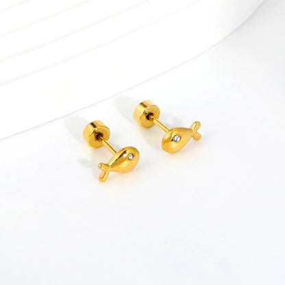 Mini CZ Eye Whale Twist Back Stud Earrings | 18K Gold Stainless Steel Screw-Back Ear Studs | Wholesale Pack 12PCS Per Set | MOQ 12