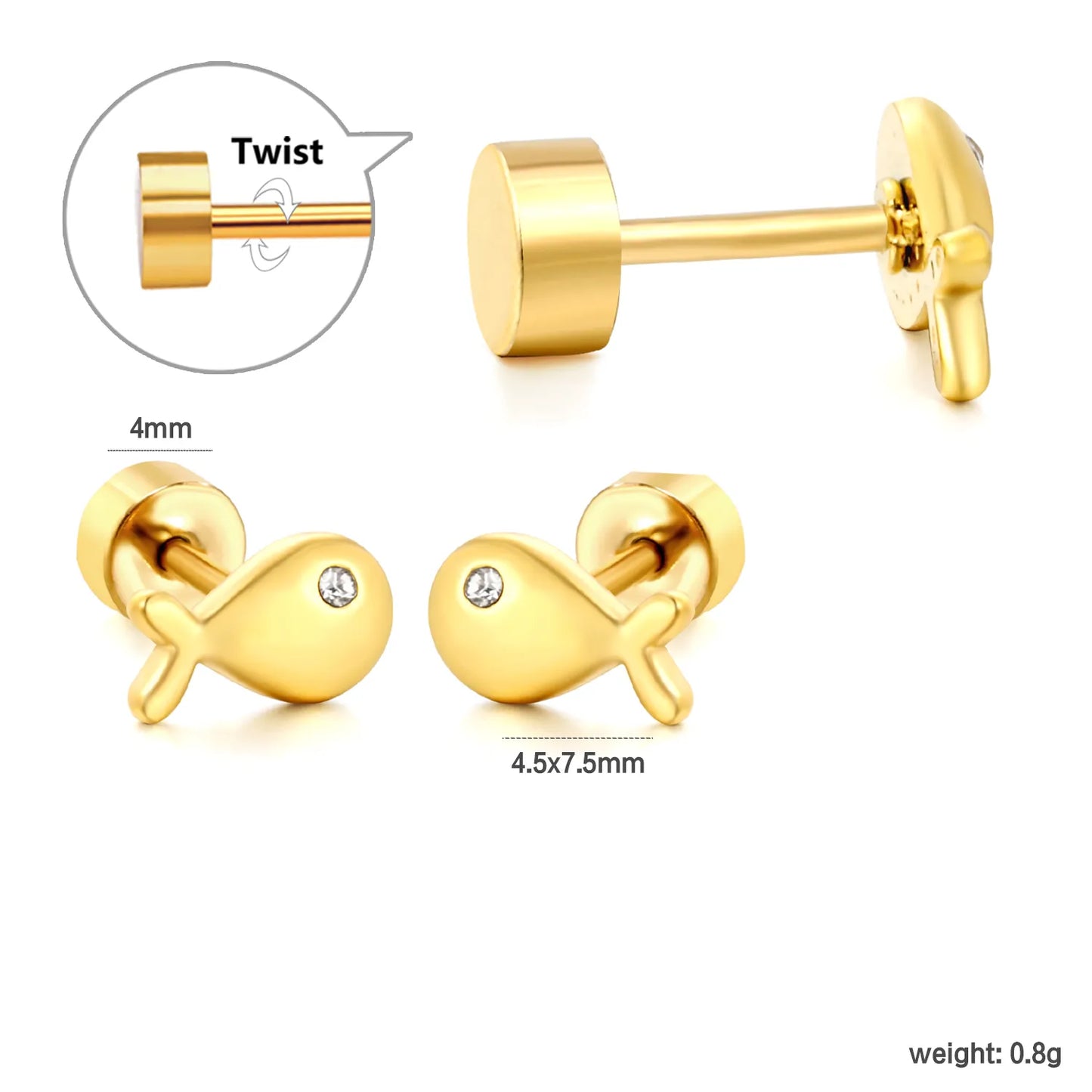 Mini CZ Eye Whale Twist Back Stud Earrings | 18K Gold Stainless Steel Screw-Back Ear Studs | Wholesale Pack 12PCS Per Set | MOQ 12