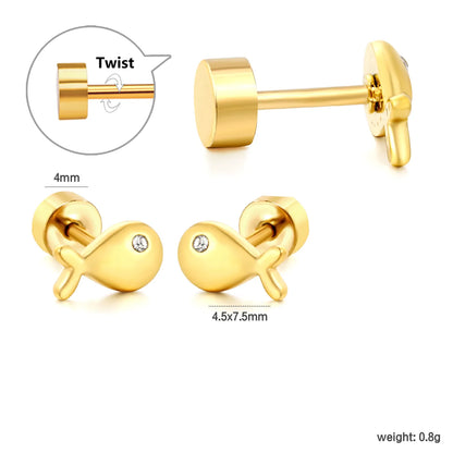 Mini CZ Eye Whale Twist Back Stud Earrings | 18K Gold Stainless Steel Screw-Back Ear Studs | Wholesale Pack 12PCS Per Set | MOQ 12