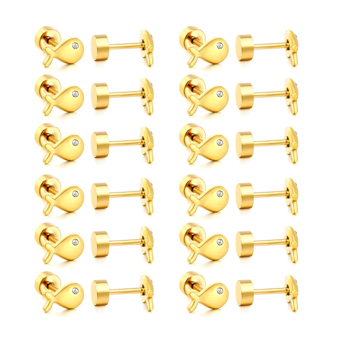 Mini CZ Eye Whale Twist Back Stud Earrings | 18K Gold Stainless Steel Screw-Back Ear Studs | Wholesale Pack 12PCS Per Set | MOQ 12