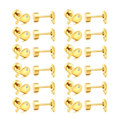 Mini CZ Eye Whale Twist Back Stud Earrings | 18K Gold Stainless Steel Screw-Back Ear Studs | Wholesale Pack 12PCS Per Set | MOQ 12