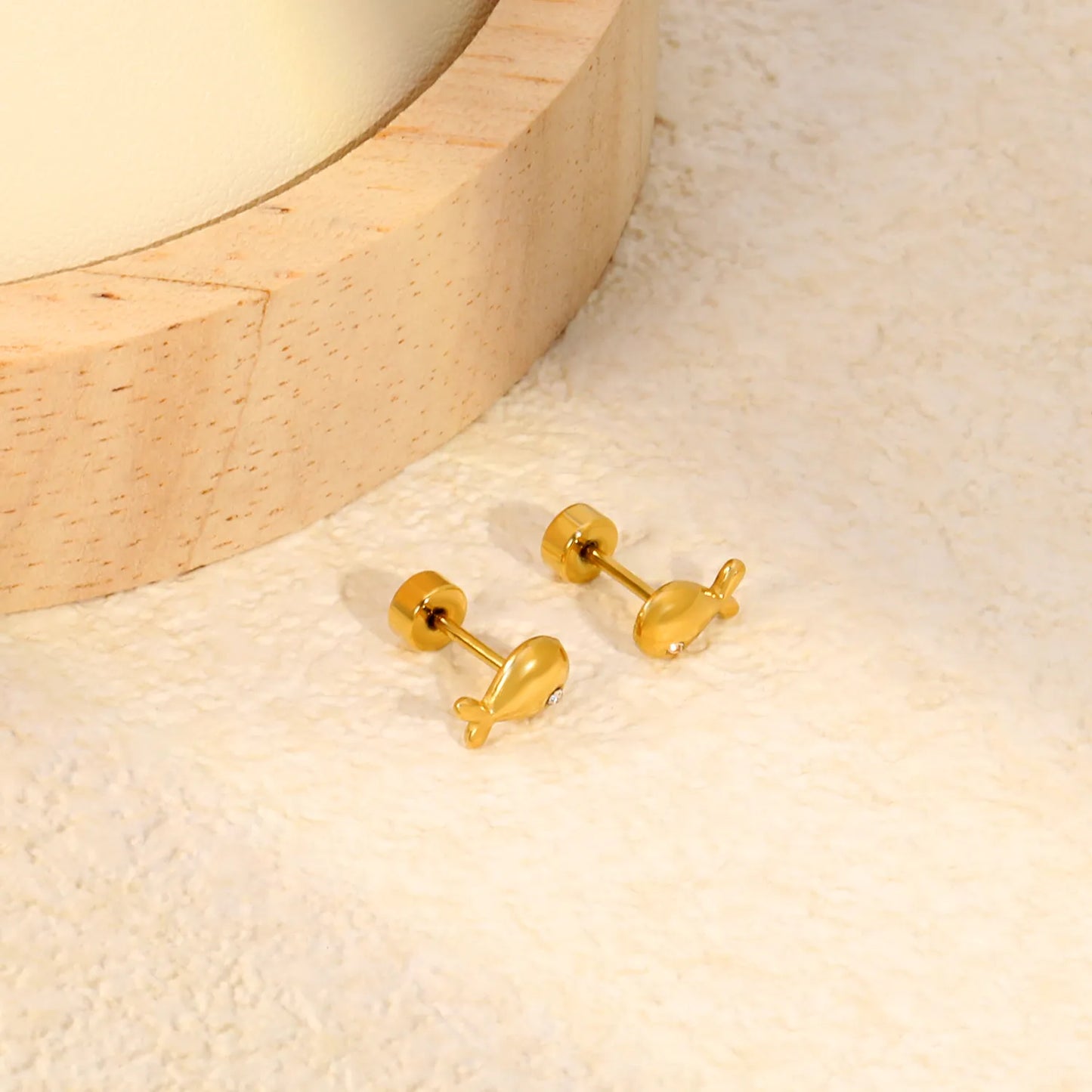 Mini CZ Eye Whale Twist Back Stud Earrings | 18K Gold Stainless Steel Screw-Back Ear Studs | Wholesale Pack 12PCS Per Set | MOQ 12