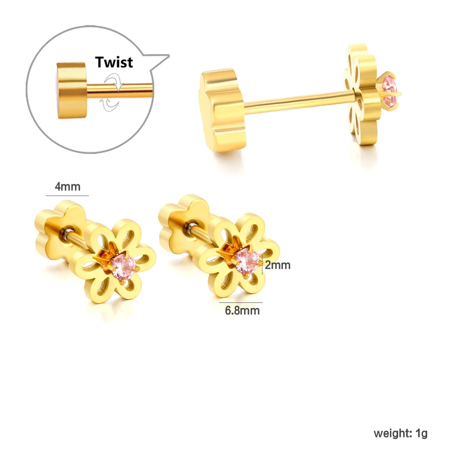 Hollow Flower Pink CZ Screw Back Stud Earring | 18K Gold Stainless Steel Cartilage Piercing Studs | Wholesale 3 Pcs Per Pack |  MOQ 12