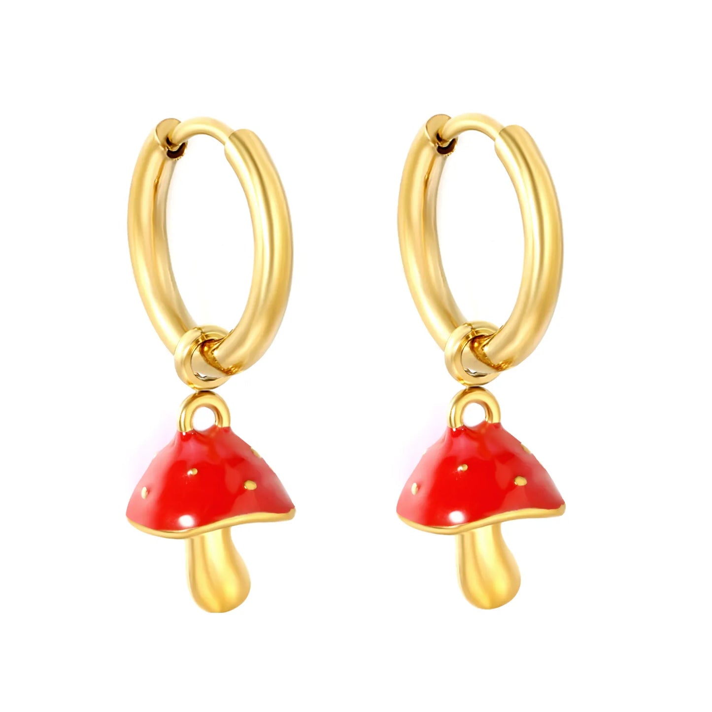 Red Enamel Spotted Mushroom Dangle Huggie Earrings | 18K Gold Plated Stainless Steel | Cute Fungus Charm Drop Hoops | Wholesale MOQ 12