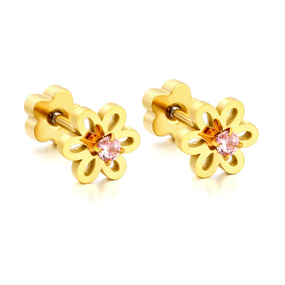 Hollow Flower Pink CZ Screw Back Stud Earring | 18K Gold Stainless Steel Cartilage Piercing Studs | Wholesale 3 Pcs Per Pack |  MOQ 12