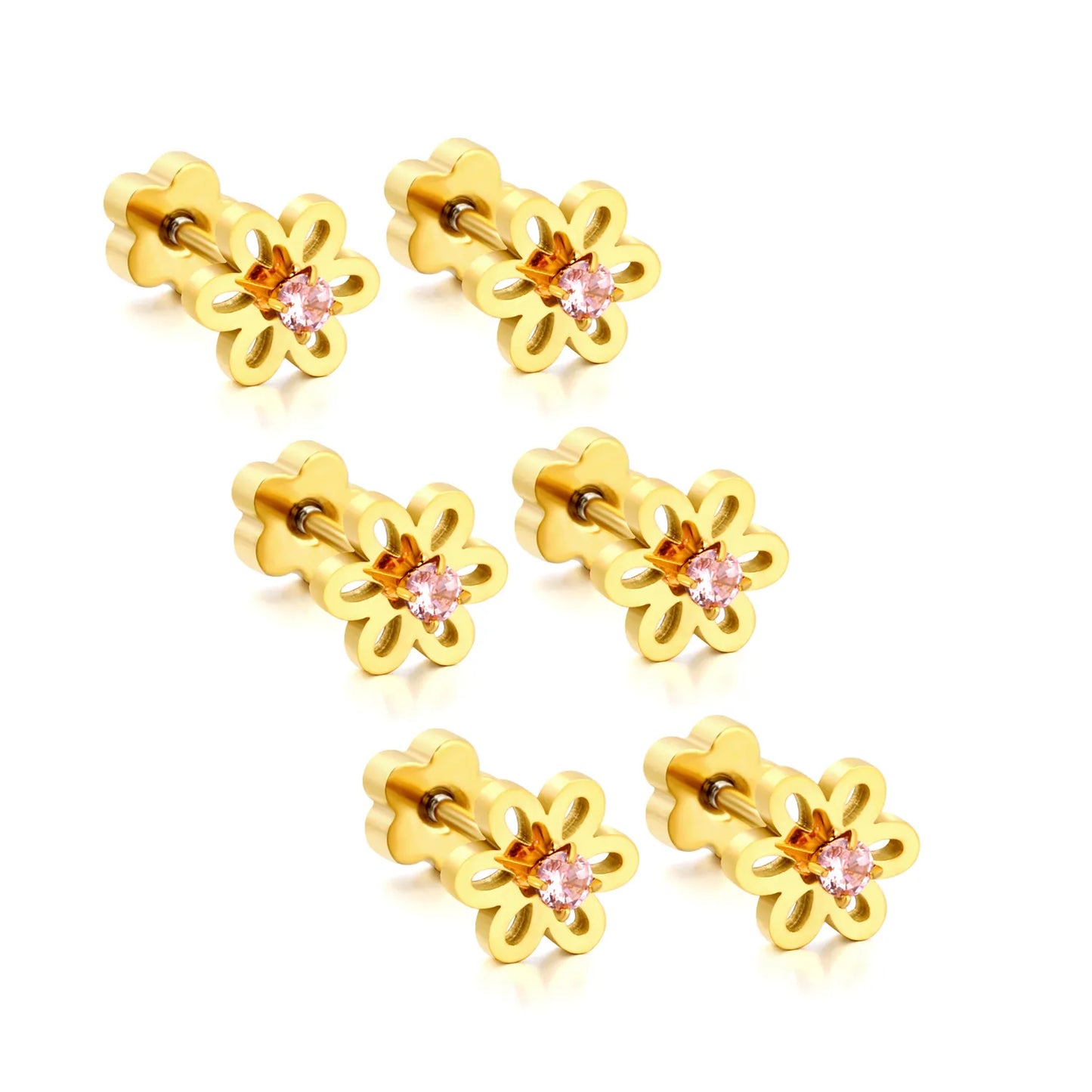 Hollow Flower Pink CZ Screw Back Stud Earring | 18K Gold Stainless Steel Cartilage Piercing Studs | Wholesale 3 Pcs Per Pack |  MOQ 12