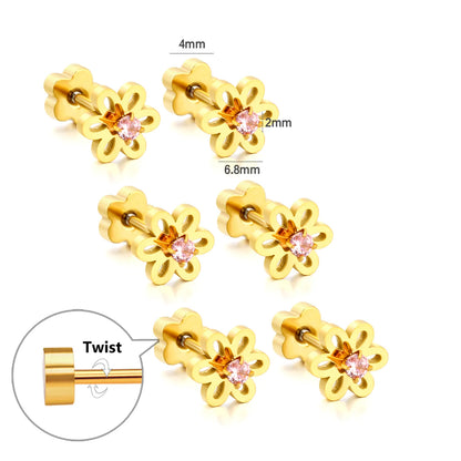 Hollow Flower Pink CZ Screw Back Stud Earring | 18K Gold Stainless Steel Cartilage Piercing Studs | Wholesale 3 Pcs Per Pack |  MOQ 12