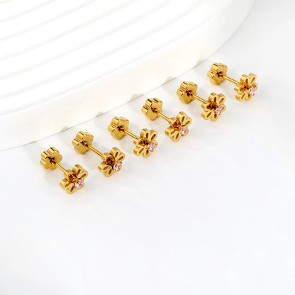 Hollow Flower Pink CZ Screw Back Stud Earring | 18K Gold Stainless Steel Cartilage Piercing Studs | Wholesale 3 Pcs Per Pack |  MOQ 12