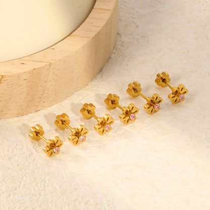Hollow Flower Pink CZ Screw Back Stud Earring | 18K Gold Stainless Steel Cartilage Piercing Studs | Wholesale 3 Pcs Per Pack |  MOQ 12