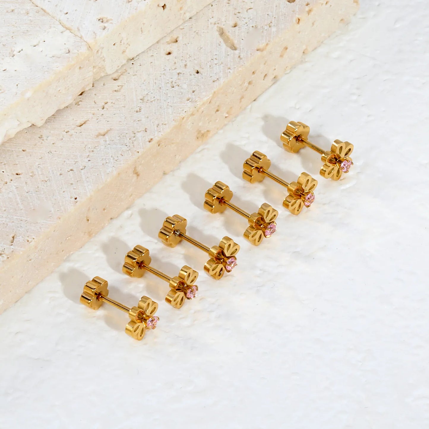 Hollow Flower Pink CZ Screw Back Stud Earring | 18K Gold Stainless Steel Cartilage Piercing Studs | Wholesale 3 Pcs Per Pack |  MOQ 12