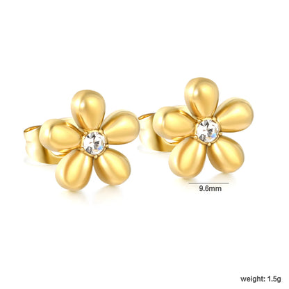Puffy Five-Petal Flower Clear CZ Stud Earrings | 18K Gold Stainless Steel Floral Ear Studs | Card Packed 3PCS Per Set |  Wholesale MOQ 12