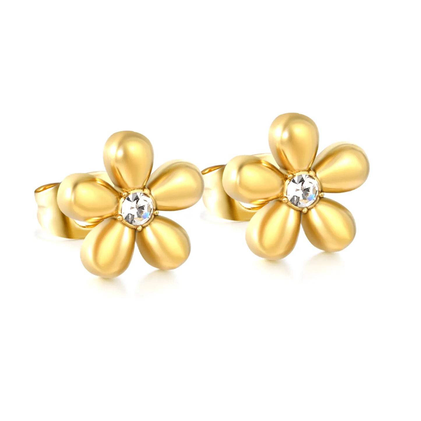 Puffy Five-Petal Flower Clear CZ Stud Earrings | 18K Gold Stainless Steel Floral Ear Studs | Card Packed 3PCS Per Set |  Wholesale MOQ 12