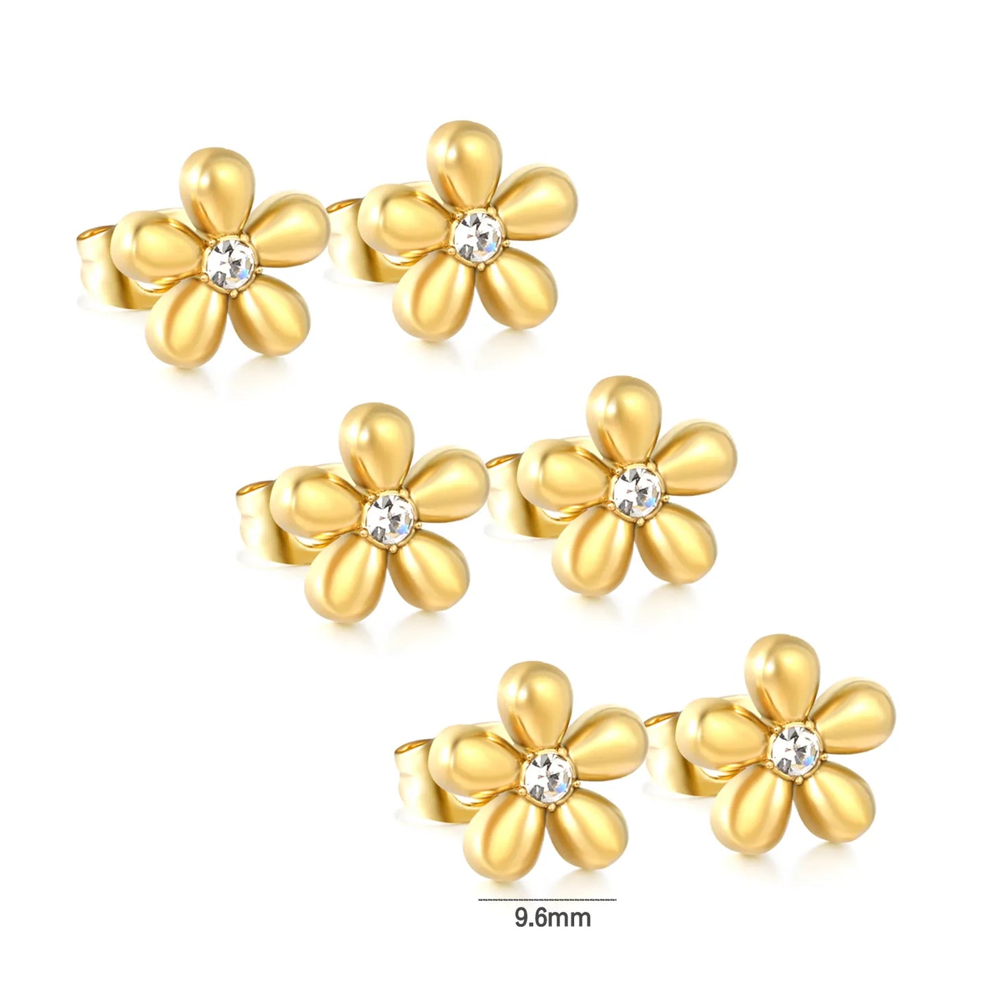 Puffy Five-Petal Flower Clear CZ Stud Earrings | 18K Gold Stainless Steel Floral Ear Studs | Card Packed 3PCS Per Set |  Wholesale MOQ 12