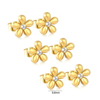 Puffy Five-Petal Flower Clear CZ Stud Earrings | 18K Gold Stainless Steel Floral Ear Studs | Card Packed 3PCS Per Set |  Wholesale MOQ 12