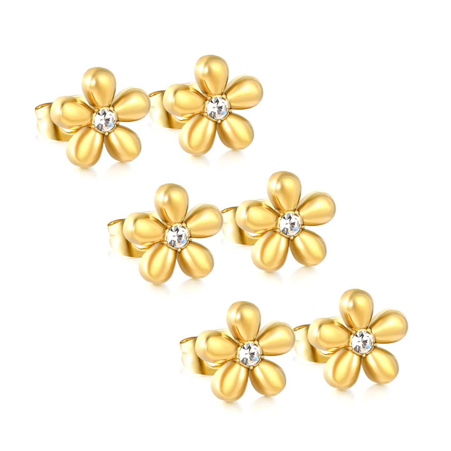 Puffy Five-Petal Flower Clear CZ Stud Earrings | 18K Gold Stainless Steel Floral Ear Studs | Card Packed 3PCS Per Set |  Wholesale MOQ 12