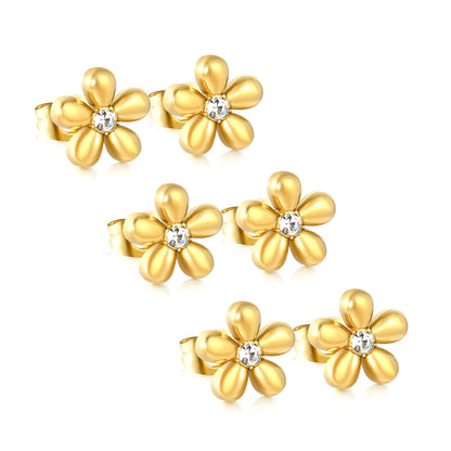 Puffy Five-Petal Flower Clear CZ Stud Earrings | 18K Gold Stainless Steel Floral Ear Studs | Card Packed 3PCS Per Set |  Wholesale MOQ 12