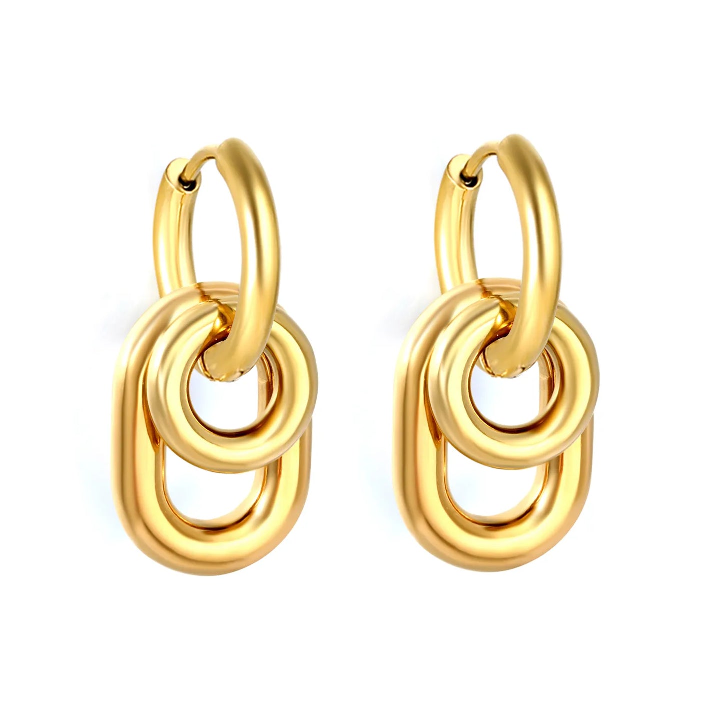Interlocked Oval Link Dangle Huggie Earrings 14×20mm | 18K Gold Plated & Two-Tone Stainless Steel | Chunky Chain Drop Hoops | Wholesale MOQ 12