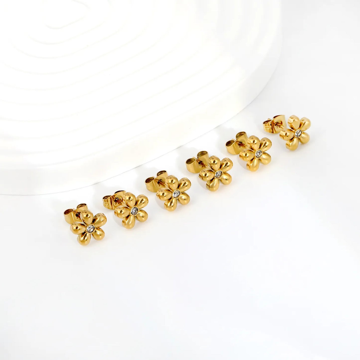 Puffy Five-Petal Flower Clear CZ Stud Earrings | 18K Gold Stainless Steel Floral Ear Studs | Card Packed 3PCS Per Set |  Wholesale MOQ 12