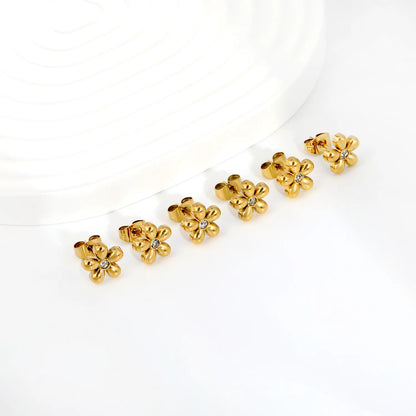 Puffy Five-Petal Flower Clear CZ Stud Earrings | 18K Gold Stainless Steel Floral Ear Studs | Card Packed 3PCS Per Set |  Wholesale MOQ 12