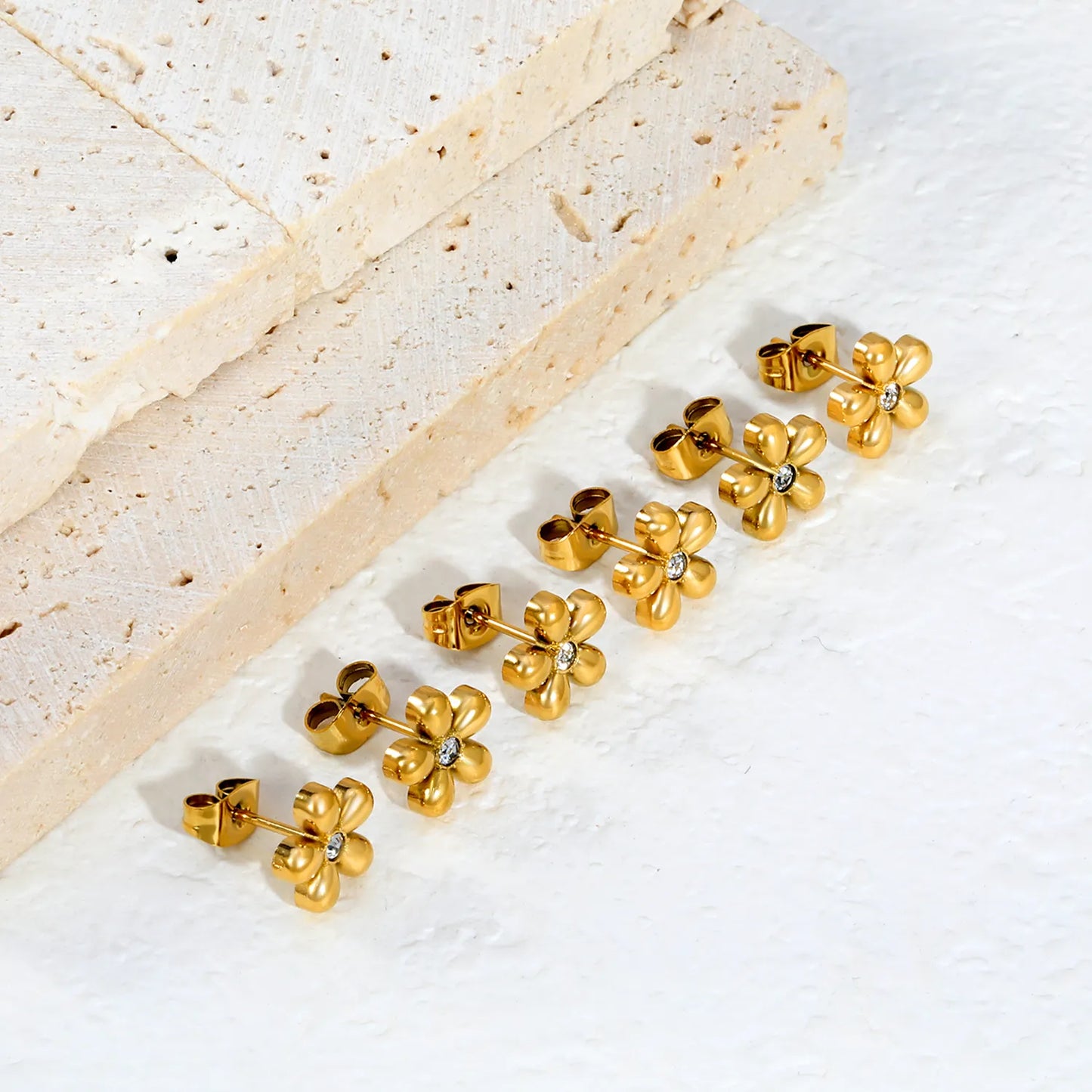 Puffy Five-Petal Flower Clear CZ Stud Earrings | 18K Gold Stainless Steel Floral Ear Studs | Card Packed 3PCS Per Set |  Wholesale MOQ 12