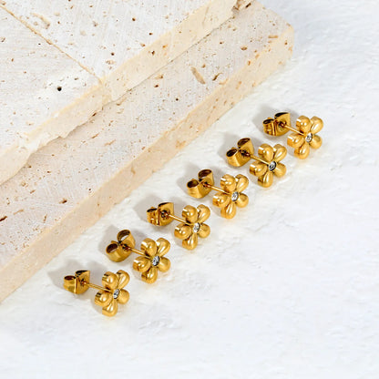 Puffy Five-Petal Flower Clear CZ Stud Earrings | 18K Gold Stainless Steel Floral Ear Studs | Card Packed 3PCS Per Set |  Wholesale MOQ 12