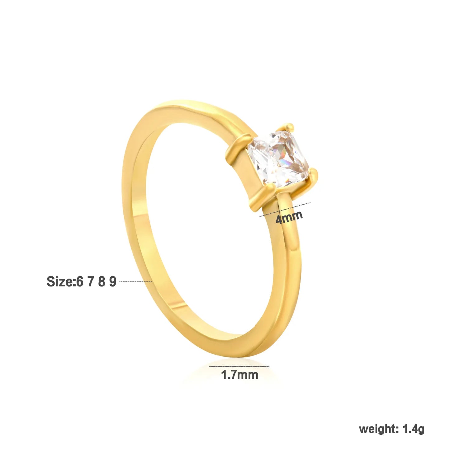 Solitaire Princess Cut CZ Dainty Gold Ring | 18K Gold Plated Stainless Steel Promise Ring | US Sizes 9 | Wholesale MOQ 12