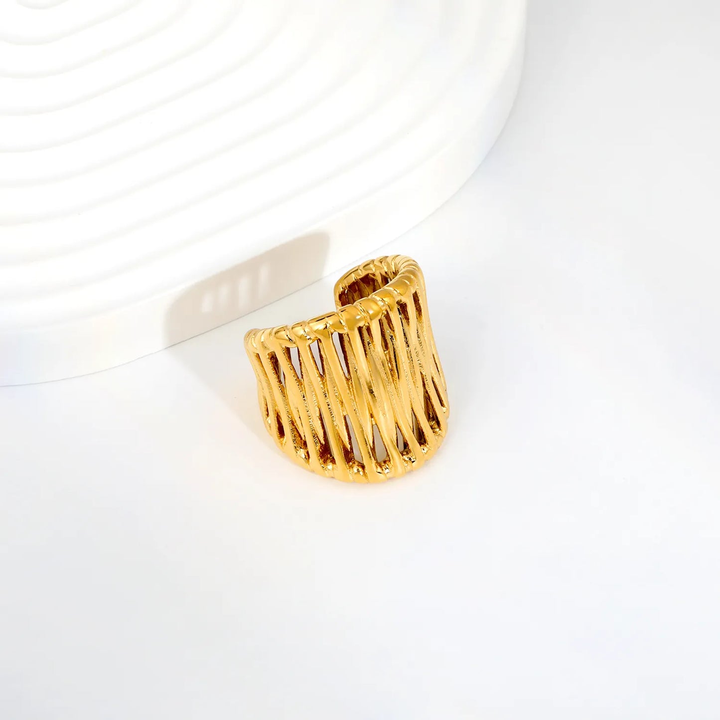 Irregular Woven Open Cuff Wide Band Gold Ring | 18K Gold Plated Stainless Steel Adjustable Open Ring | US Size 7 |  Wholesale Bulk Order 12