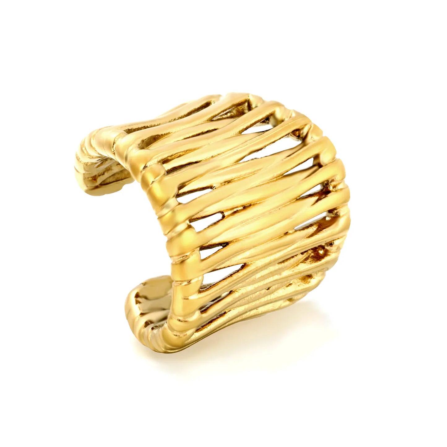 Irregular Woven Open Cuff Wide Band Gold Ring | 18K Gold Plated Stainless Steel Adjustable Open Ring | US Size 7 |  Wholesale Bulk Order 12