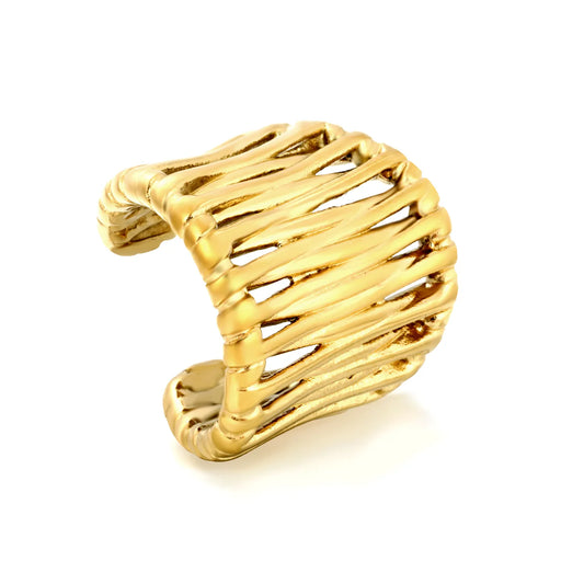 Irregular Woven Open Cuff Wide Band Gold Ring | 18K Gold Plated Stainless Steel Adjustable Open Ring | US Size 7 |  Wholesale Bulk Order 12