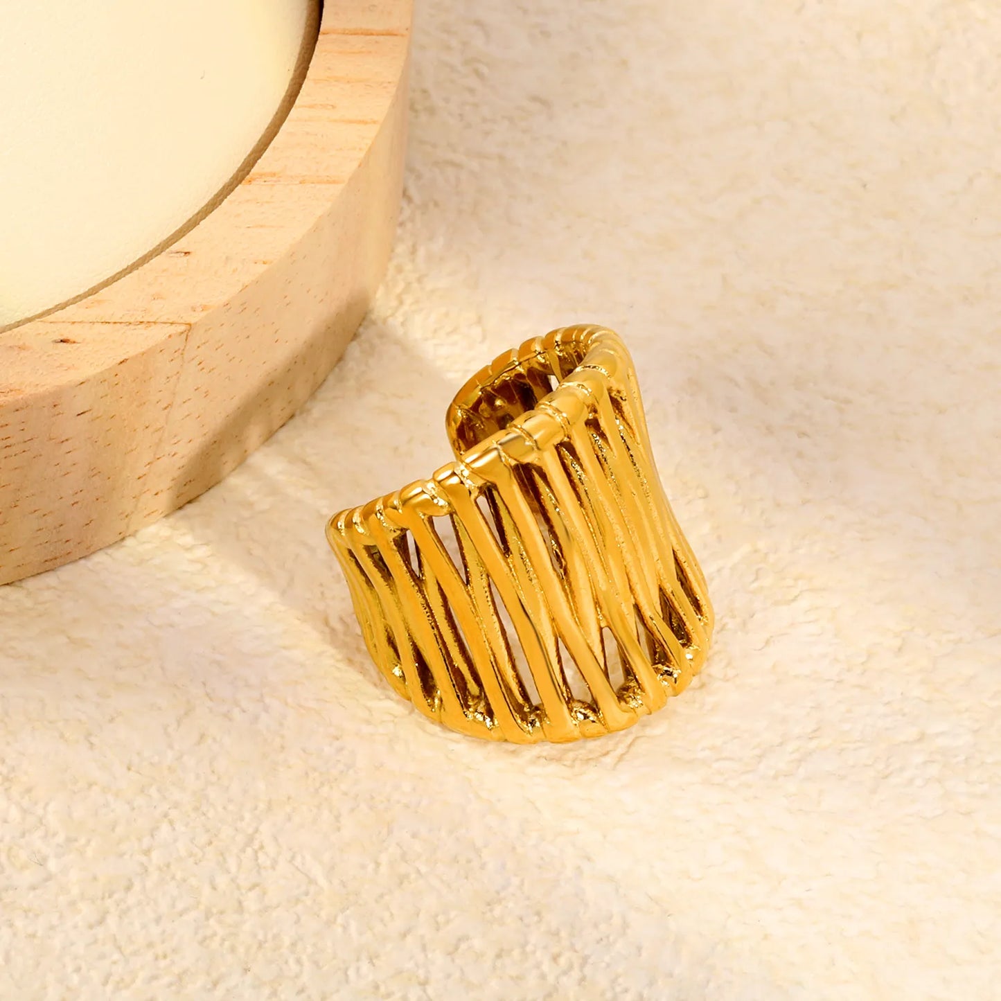 Irregular Woven Open Cuff Wide Band Gold Ring | 18K Gold Plated Stainless Steel Adjustable Open Ring | US Size 7 |  Wholesale Bulk Order 12