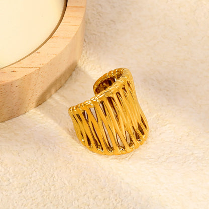 Irregular Woven Open Cuff Wide Band Gold Ring | 18K Gold Plated Stainless Steel Adjustable Open Ring | US Size 7 |  Wholesale Bulk Order 12